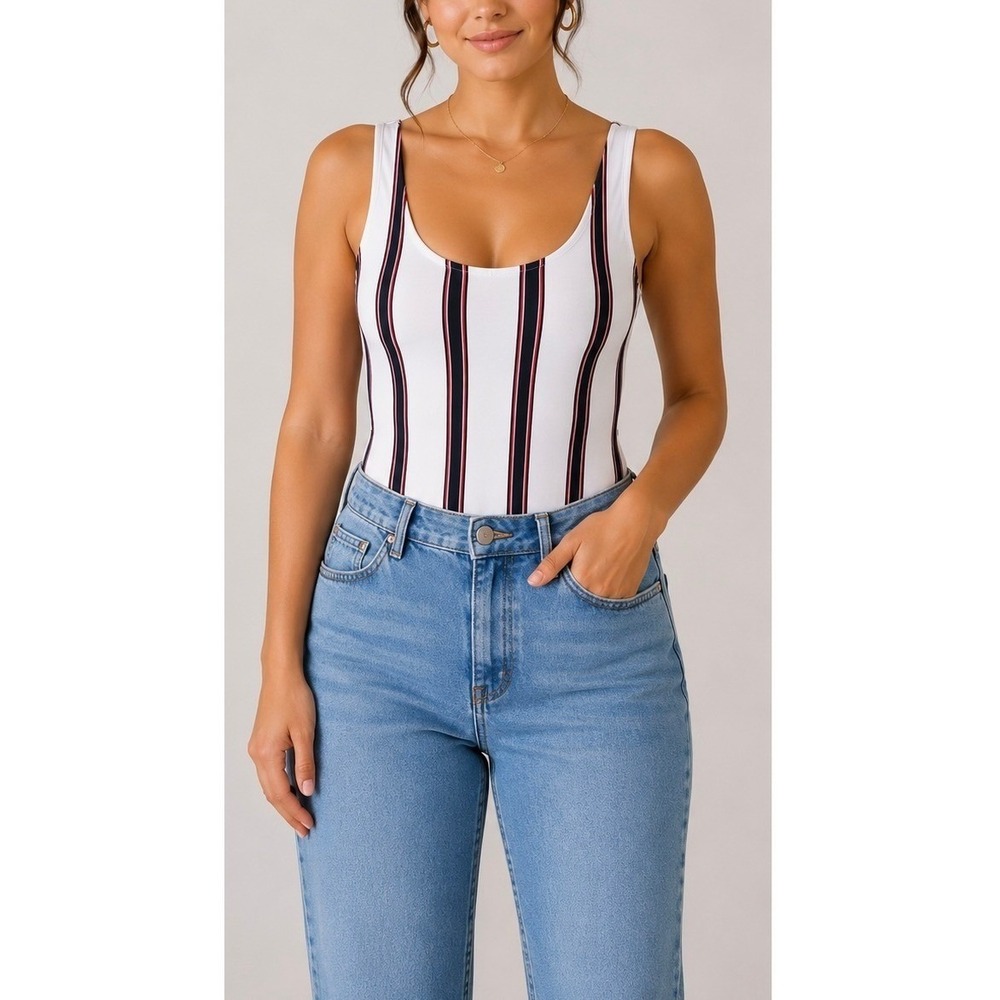 Womens White Vertical Stripe Scoop Neck Bodysuit Navy Red Stripe Size-M - Picture 3 of 4